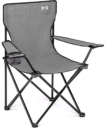 Trail Folding Camping Chair, Lightweight Outdoor Chair with Cup Holder Armrest, Heavy Duty Tubular Steel Frame, Fast-Drying Polyester, Carry Bag, 100kg Capacity (Grey)
