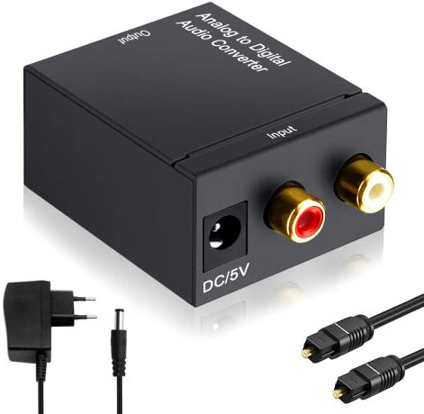 Ozvavzk Analog zu Digital Audio Konverter Analog Digital Wandler R/L Cinch to SPDIF Toslink Optischer Koaxial AD Wandler Analog auf Digital Audio Adapter mit Optischem Kabel und Netzteil 5V/DC
