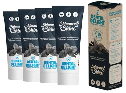 DENTAL DELIGHT Whitening Shimmery Shine Zahnpasta mit Aktivkohle, Vegane Zahnpasta mit Geschmack, Zahncreme (Aktivkohle-Minze, 4er Pack)