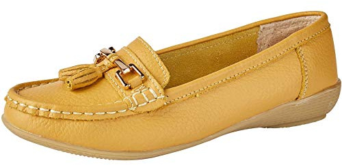 Jo & Joe Women Leather Flat Loafer Ladies Casual Comfy Slider Low Wedge Heel Work Shoes (Mustard, Numeric_5)