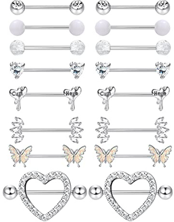 Besteel 8 Pairs Nipple Rings 14G Stainless Steel Nipplerings CZ Heart Butterfly Ball Tongue Barbell Rings Retainer Body Piercing Jewelry for Women Silver