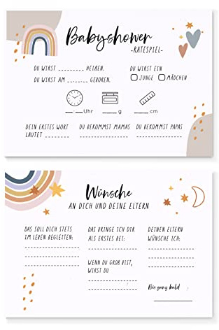 SellerRocket 25x Babyshower Ratespiel Karten zum Ausfüllen – Tippkarten Jungen und Mädchen – Tolles Spiel für die Babyparty und Gender Reveal Feier – 25 Karten quer
