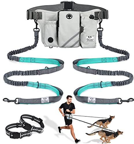 SHINE HAI Retractable Hands Free Dog Leash with Dual Bungees for 2 Dogs, Adjustable Waist Belt, Reflective Stitching Leash for Running Walking Hiking Jogging Biking Black - Gray