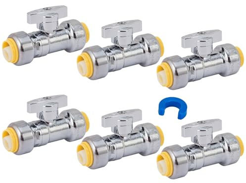 SUNGATOR 1/2 Inch Straight Shut Off Valve, 1/2 Inch Pushfit Straight Stop Valve, No Lead Brass Plumbing Fittings Push to Connect PEX, Copper, CPVC, With 1 Disconnect Clip, Pack of 6