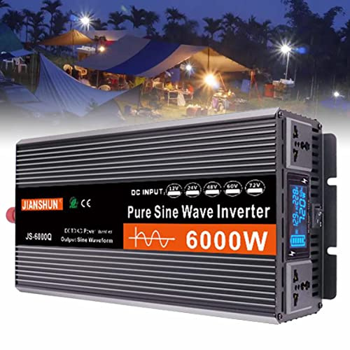 FENGSSLL Convertisseur Pur Sinus 3000W 4000W 5000W 6000W Onduleur, Transformateur, 12V 24V 48V 60V vers 220V 230V, 2 Prises AC et Affichage à LED,6000W-12V