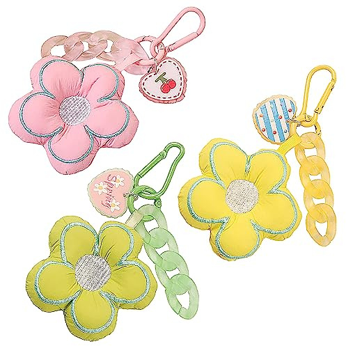 SUNSK Nyckelring söt blomma nyckelring nyckelring för kvinnor nyckelring blomma damer charm-hänge bil nyckelring nyckelring för barn 3 stycken, Rosa, grön, gul, L