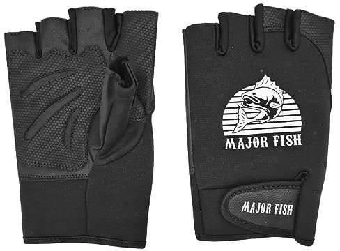 Major Fish multifunktionshandskar fiskehandskar halvfinger neopren svarta segelhandskar vattensport rodd cykelhandskar fingerlösa (L)
