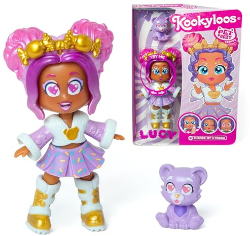 KOOKYLOOS Serie Pet Party LUCY- Muñeca coleccionable Lucy con un oso de mascota. Incluye la muñeca Kookyloos Lucy, 1 mascota, ropa y zapatos de moda y 1 accesorio. ¡1 muñeca, 3 caras diferentes!