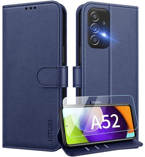UITUIM Custodia per Samsung Galaxy A52 5G/A52s 5G/A52 4G - Portafoglio in Pelle con Vetro Temperato, Porta Carte, Flip Case Protettiva, Blu