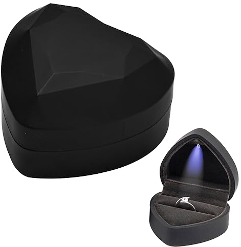 Pagezol Ring Box with LED Light, Wedding Ring Box, Heart Shaped Ring Case with Velvet, Luxury LED Ring Jewelry Case for Valentine' Day Proposal Engagement Wedding Birthday Christmas (Black)