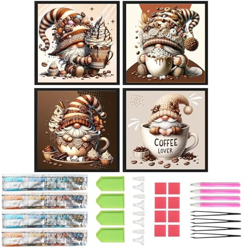SHEGZHUC 4-pack diamantmålning tomte kaffe 30 x 30 cm diamant målning tomte kaffe dvärgar efterrätt kaka glass kök diamant målning konst broderi korsstygn bilder gåva väggdekoration