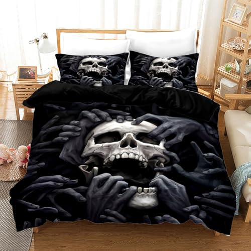 Set di biancheria da letto con teschio 135x200cm, set di biancheria da letto con stampa gotica del motivo del teschio nero, set di biancheria da letto in microfibra con chiusura lampo (A, 135x200cm)