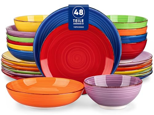 vancasso Bonita Service de table 48 pièces en faïence pour 12 personnes, assiettes à manger modernes et bols avec 12 assiettes plates, assiettes à salade, assiettes creuses et bols