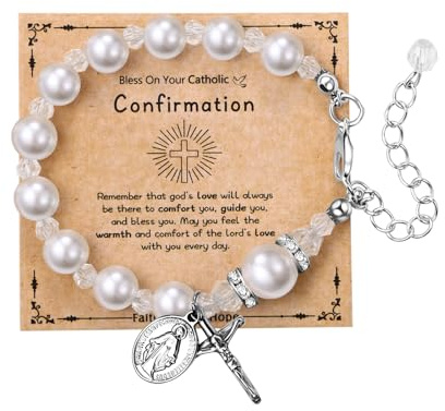 JewelryWe Bracelet Chapelet Chrétien Femme: Bracelet Perles Blanches Fantaisie avec Croix Jésus Christ et Médaille Vierge Marie Chaîne Réglable - Cadeau Baptême ou Communion Sacramentel
