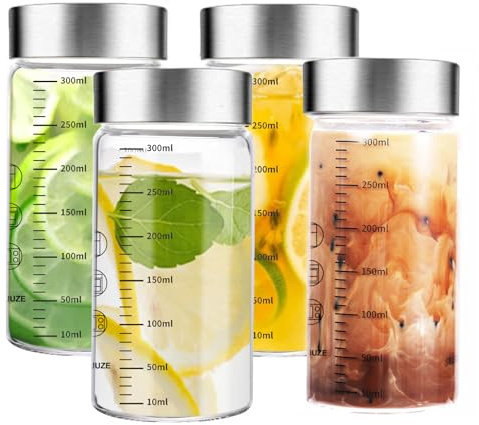 MUJUZE glasflaskor 300 ml med mätskala, set med 4 smoothieglas | Smoothie mugg att gå för juice, smoothies, mjölk, glasjuiceflaskor, BPA-fri, återanvändbar glasvattenflaska