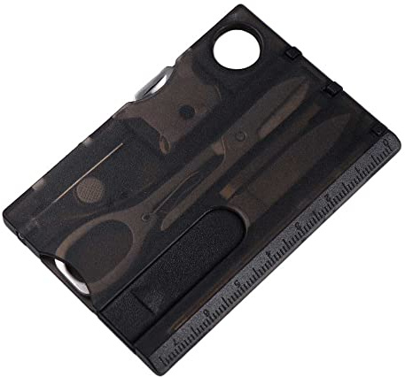 12 en 1 poche carte de crédit portable Multi Tools, Outdoor Survival Camping Equipment, EDC Tool Gear, LED Loupe extérieure (noir transparent)