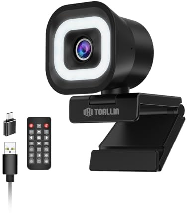 TOALLIN Cámara Web 4K con Anillo de luz, Control Remoto, Enfoque automático PDAF, 12 Millones de píxeles, micrófonos duales Integrados, Zoom Digital 5X, cámara Web para Streaming y videollamadas
