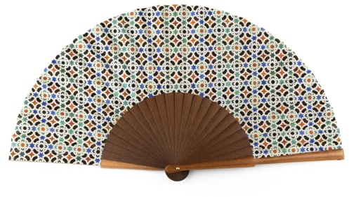 Abanico Español de Madera y Seda Plegable | Hecho a Mano en Valencia | Estampado de Colores Original Andaluz | Funda Terciopelo | Regalo Original y Artesanal | Abanico Malaqa