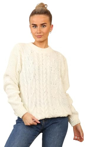 Stylo Online Ladies Cable Knit Jumper – Women Chunky Knitted Crew Neck Oversized Vintage Pullover Sweater Long Sleeve | Warm Winter Casual Top -UK Made-(Ivory Medium-Large)