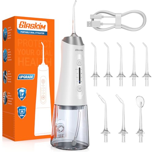 Glaskim Jet Dentaire Hydropulseur Professionnel - 4 Modes de Nettoyage, Réservoir 320ML Grande Capacité, 8 Buses Interchangeables, USB Charge Rapide, IPX7 Étanche, Portable pour Maison & Voyage Blanc