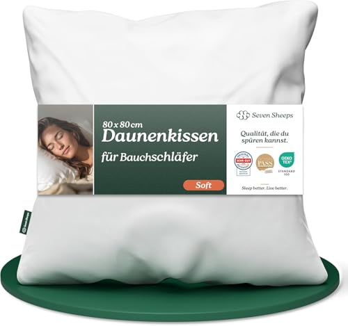 Daunenkissen 80x80, Soft für Bauchschläfer, 3-Kammer Kopfkissen 80x80 Daunen, extra flach, kuschelig weich & formstabil, maschinenwaschbar, DOWNPASS (kein Lebendrupf), Oeko-TEX