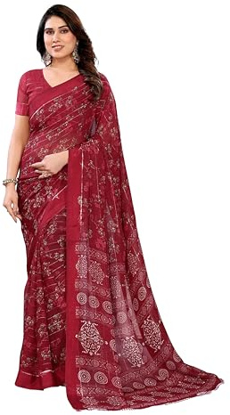 ETHNICMODE Indian Saree For Women Printed Georgette Light Weight Party Wear Maroon Sari With Unstitched Maroon Blouse Piece-1208