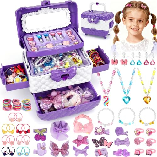 Flybay Bijoux Filles Jouet pour Fille Enfant 3 4 5 6 7 8 9, Set Bijoux pour Princesse avec Pinces à Cheveux & Attaches Cheveux, Jeux d'habillage Fille, Cadeaux Anniversaire Noël pour Filles 3-12 Ans
