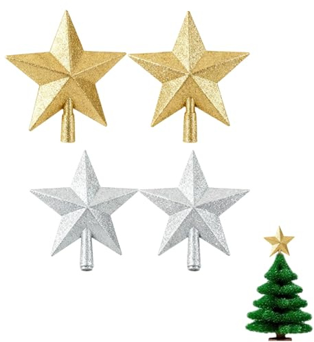 4 Pezzi Stella per Albero di Natale, Puntale a Forma di Stella, Decorazioni Albero di Natale Stella 10 cm Punta per Albero Oro Argento Decorazioni Natalizie per Casa Feste Interni Mini Alberi