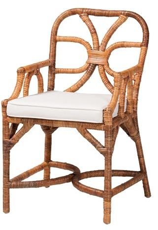 Bali & pari Alondra Natural Rattan Dining Chair - Handwoven Wicker Accent Chair with Armrests and Removable Cushion, Coastal Boho Kitchen or Dining Room Seating