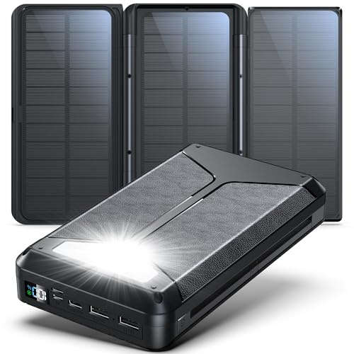 Power Bank Solare 63200mAh con 3 Pannelli Solari e PD22,5W Ricarica Rapida:Batteria Esterna Wireless con 6 Uscite,Torcia SOS e Display Digitale,Ideale per Campeggio Attività Outdoor (Nero)