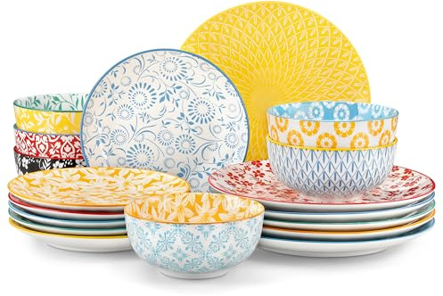 vancasso SELENE Tafelservice 6 Personen,18-tlg Geschirrset aus Pastell Porzellan, Geschirr set mit 6 Speiseteller, Dessertteller und Müslischalen, Mikrowellen- und Spülmaschinengeeignet