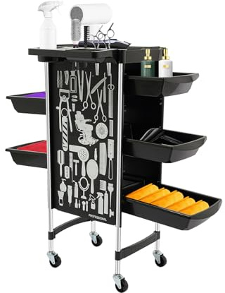 Chariot de coiffure avec 5 tiroirs, capacité de charge jusqu'à 80 kg, chariot de salon avec 4 roulettes, chariot pliable pour coiffeur, cosmétique, studio de tatouage