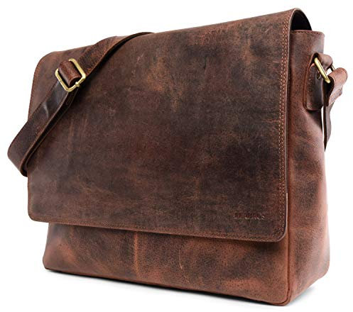 LEABAGS Oxford Leder Schultertasche aus Büffelleder I Laptoptasche bis 15 Zoll im Vintage Look I Messenger Bag mit Schultergurt I Umhängetasche für Büro & Alltag I Vintage Rotbraun