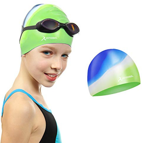 Badekappe für Kinder, Jungen und Mädchen im Alter von 5-12 Jahren, Bequeme Passform für langes und kurzes Haar