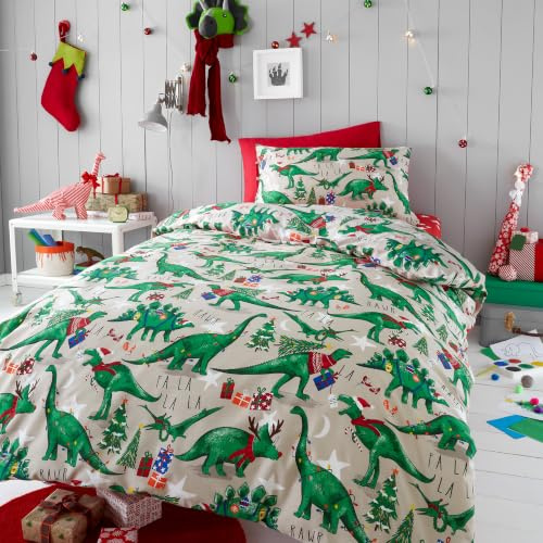 Happy Linen Company Girls Boys Kids Christmas Dinosaur Glow In The Dark Taupe Natural Toddler Cot Bed Reversible Duvet Cover Bedding Set