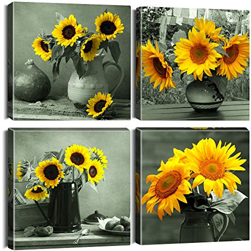 Artscope 4 Teilig Leinwandbilder mit Sonnenblume und graue Kunst Motiv Kunstdruck - Moderne Wandbild für Badezimmer Wohnzimmer Wanddekoration - 30 x 30 cm