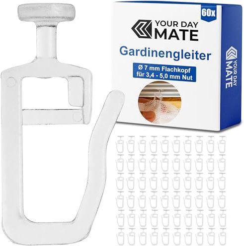 Ganchos de Cortina, Planeadores de 60 x Cortina, Transparente, Gancho de Cabeza Plana de 7 mm, 3-4 mm de Ancho de Marcha y 8 x 3 mm de Cámara de Rodillo, Anillos para Cortinas, Rollos de Cortina