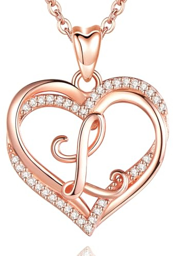 INFUSEU L Necklace Initial Heart Womens Letter Jewelry Rose Gold Cubic Zirconia CZ Pendant Neckleces for Ladies Female Gifts Romantic, 20 Inch Chain
