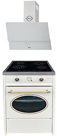 GURARI Herdset GCH E 612 Cr r + GCH 268 WH 8 Prime, Retro Induktions Standherd 60 cm, Range Coocker, 60 L, Creme+Dunstabzugshaube 80 cm, Wandhaube, Weiß Glas, Kopffrei Abluft- / Umlufthaube