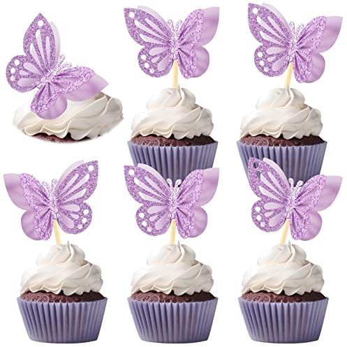 Chinco 48 Pcs Butterfly Cupcake Toppers Assembled Double Layer Cupcake Topper 3D Glitter Cake Topper Butterfly Cocktail Pick Decoration for Baby Shower Birthday Wedding(Purple,Classic Style)