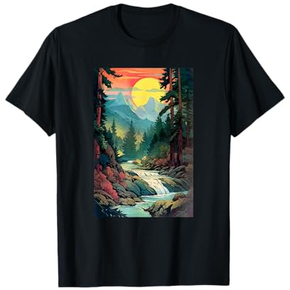 Mountains Trees River Waterfall Woodsy Nature Scene Outdoors T-Shirt