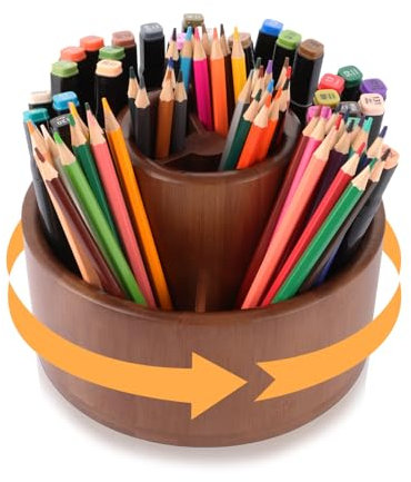 CYEER 360 Grad Stiftehalter Drehbar aus Bambus, Große Kapazität Stifte Organizer Drehbar, Schreibtisch Organizer Drehbar, Stifte Organizer Kinder für Marker, Buntstifte, Kunstpinsel usw