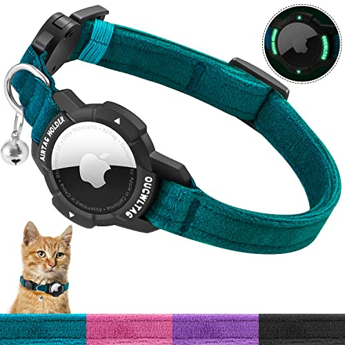 Collar de Gato noctilucente airtag con Soporte de airtag, Collar de Gato separación con Banda elástica, para Gatitos y Cachorros, excluyendo GPS Apple AirTag (Gatito 18-26cm, Azul)