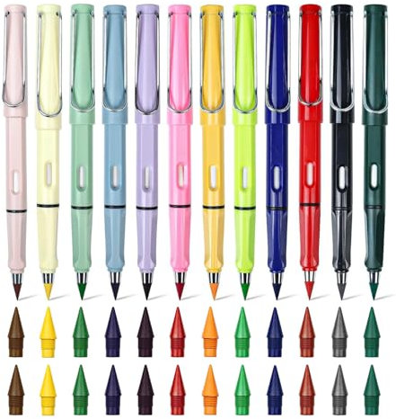 MIYUANGKJ 12 Stk Bunte Ewiger Bleistift, Bleistifte mit Radiergummi 24 Wechselkopfm Tintenlose Set Langlebiger Magischer Infinity Magic Pencil für Schreiben Malen Skizzieren
