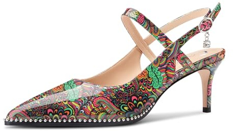 Castamere Mujer Correa Tobillo Slingback Pumps Medio Gatito Heel Sandalias Dedo del pie Puntiaguada Punta Cierre con Hebilla Zapatos 6.5 CM Heels Negro Pavo Real 38 EU