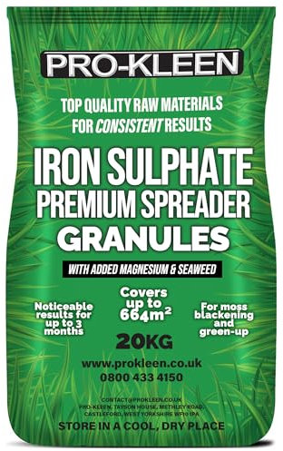 Pro-Kleen Iron Sulphate Spreader Granules - Covers up to 664m2 - For Grass Green Up - Ferrous Sulphate Dry Granules- Smaller Particles for an Even Coverage (20kg)