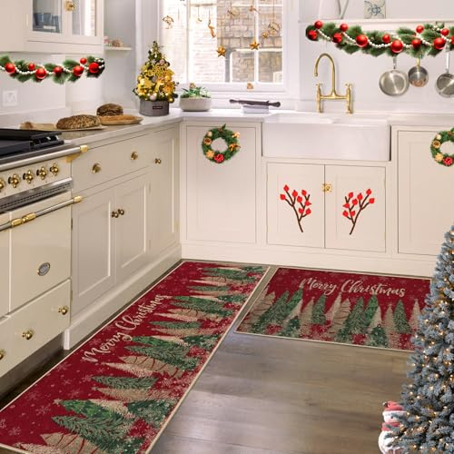 CAROMIO Christmas Trees Non Slip Thick Kitchen Rugs and Mats Set of 2 - 40x60 + 40x120 cm