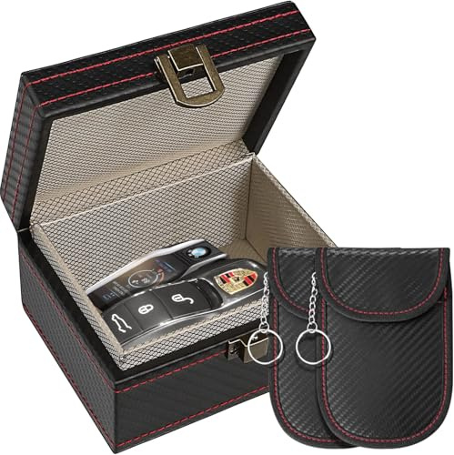 SunnyOcean Faraday Box and Faraday Pouch 2 Pack, Keyless Car Key Signal Blocker, Key Fob Protection Pouch, Carbon Fiber RFID Blocking Cage, Anti-Theft, Anti-Scanning, Anti-Tracking (Small Size)
