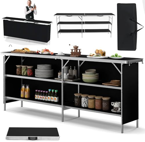 TANGZON Folding Camping Table, 110/206CM Aluminum Picnic Table with 2-Tier Shelves, Spacious Tabletop & Carry Bag, Lightweight Portable Kitchen Work Table for BBQ Party Travel (Black,206x38x83cm)