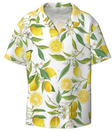 Camisa casual clásica de manga corta con botones y estampado de limones tropicales frescos, para actividades de verano relajadas